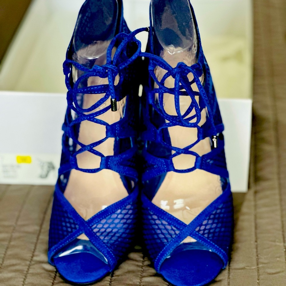 Brand new in box, sexy cobalt blue caged heels with mesh detail!